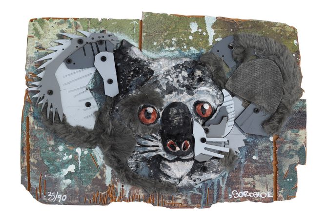 Bordalo II, Young Koala, Plásticos reciclados pintados, cerâmica e têxteis sobre madeira reciclada