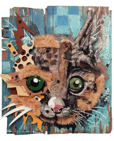 Bordalo II, Baby Lynx 16/320-Cerâmica, plásticos, MDF e têxteis pintado à mão,