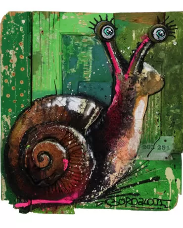 Bordalo II-Pink Snail-Paint on assemblage of waste