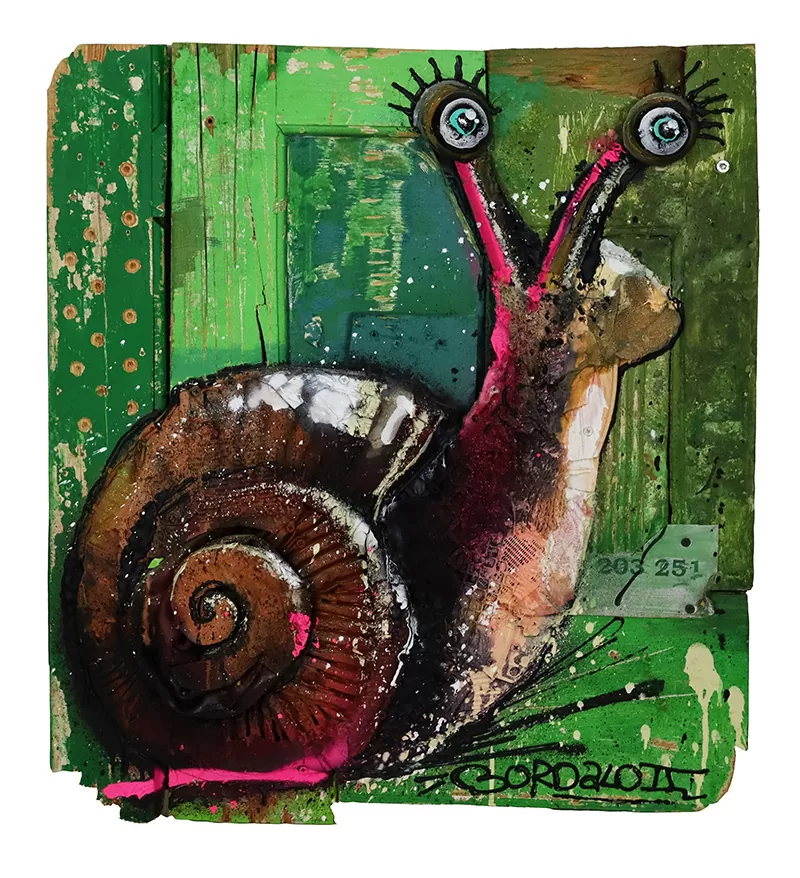 Bordalo II-Pink Snail-Paint on assemblage of waste