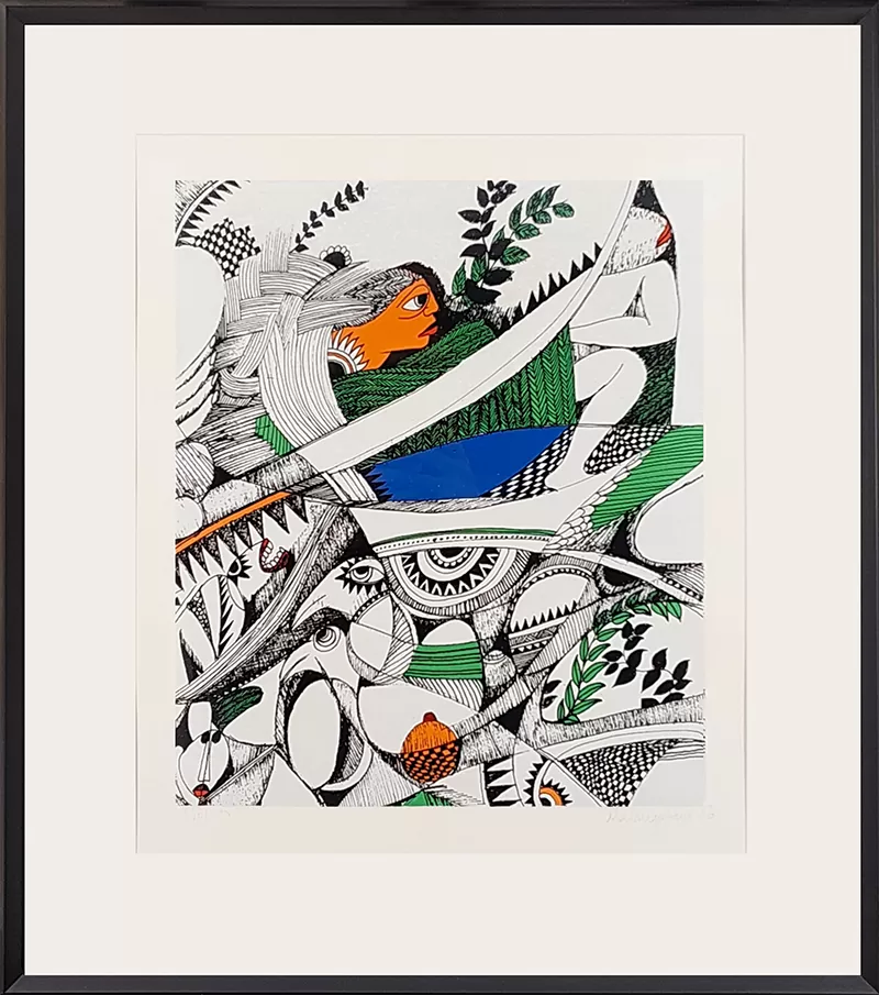 Malangatana. Sem título. Serigrafia sobre papel Prova de Autor 7/15. Dimensão com moldura: 69x59 cm. 1965. Obra assinada pelo artista.