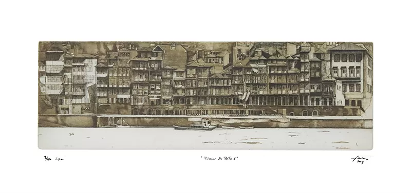 José Faria. Ribeira do Porto I. Gravura sobre Matriz de Cobre. Técnica Água-forte e Ponta seca.