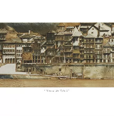 José Faria. Ribeira do Porto II. Gravura sobre Matriz de Cobre. Técnica Água-forte e Ponta seca