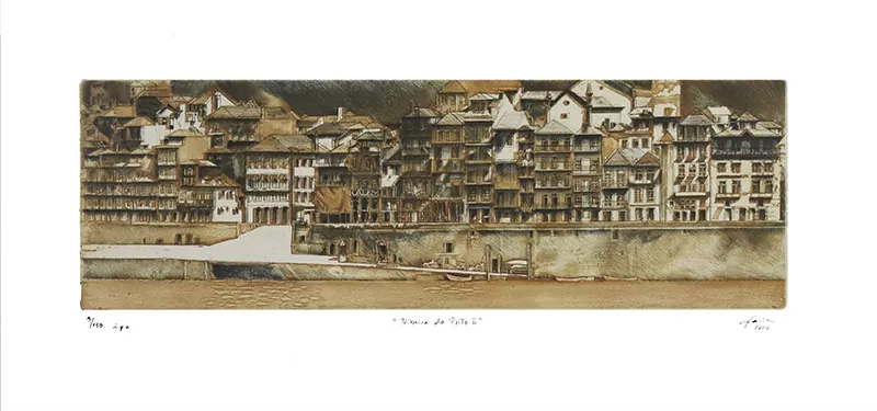 José Faria. Ribeira do Porto II. Gravura sobre Matriz de Cobre. Técnica Água-forte e Ponta seca