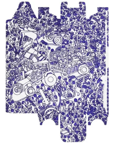 Rodrigo Mabunda. A carroça 2. Caneta esferográfica e tinta da China sobre cartão reciclado