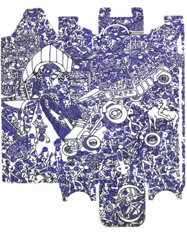 Rodrigo Mabunda. O chapa 1. Caneta esferográfica e tinta da China sobre cartão reciclado.