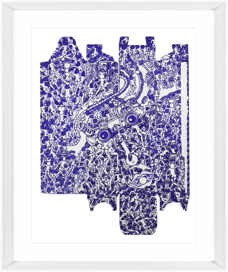 Rodrigo Mabunda. O my love 1. Caneta esferográfica e tinta da China sobre cartão reciclado