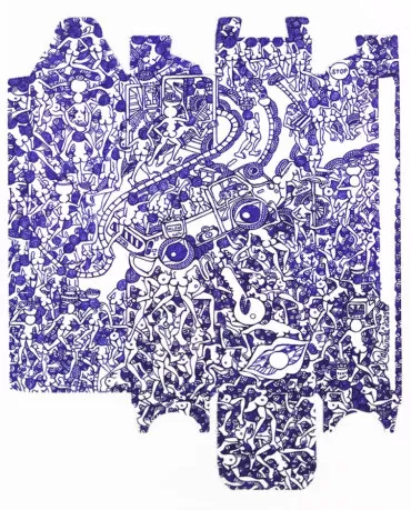 Rodrigo Mabunda. O my love 1. Caneta esferográfica e tinta da China sobre cartão reciclado