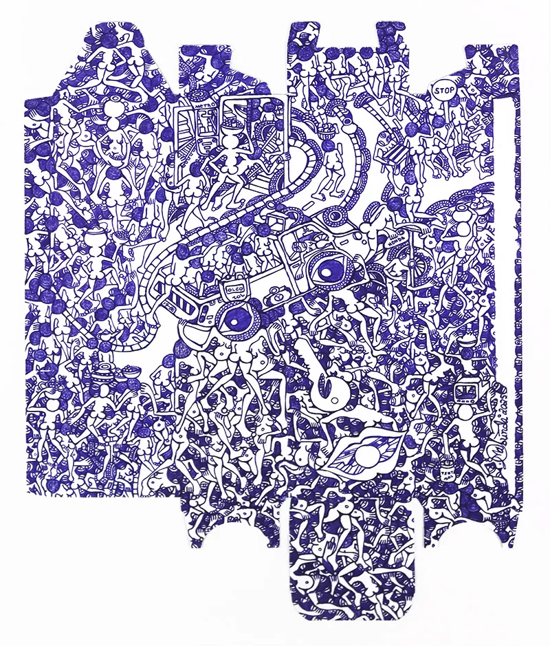 Rodrigo Mabunda. O my love 1. Caneta esferográfica e tinta da China sobre cartão reciclado